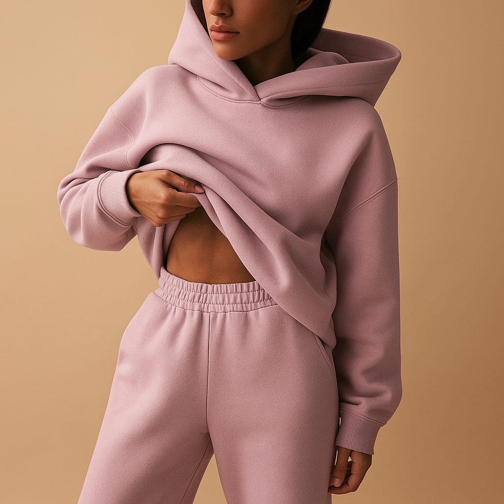Women’s oversized loungewear set with relaxed-fit hoodie and joggers, ideal for home, leisure, and everyday comfort.