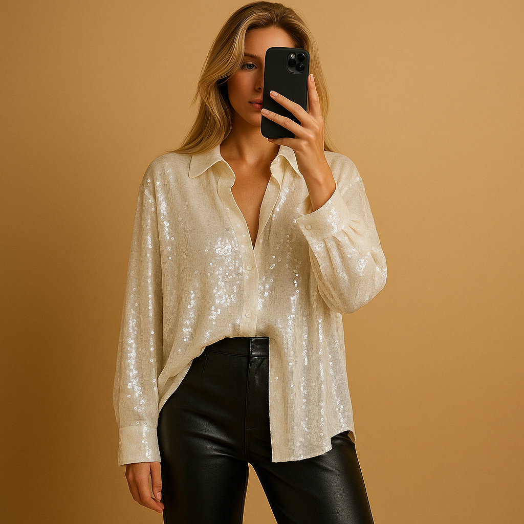 Oversized shiny blouse for women in a relaxed flattering fit with subtle shimmer, perfect for casual chic or evening occasions.