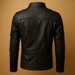 Men’s padded leather jacket with stand-up collar and zip closure, designed for stylish comfort in casual and formal wear