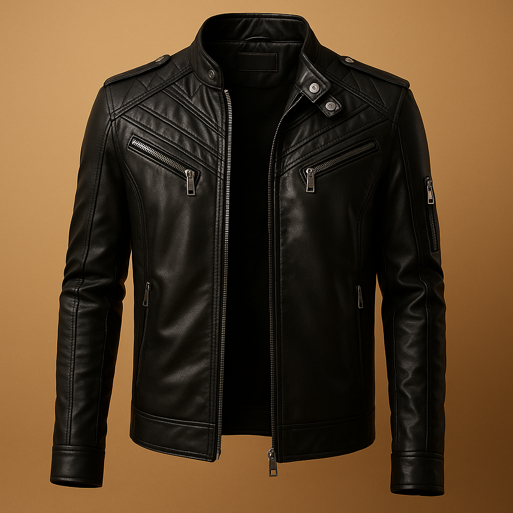 Men’s padded leather jacket with stand-up collar and zip closure, designed for stylish comfort in casual and formal wear