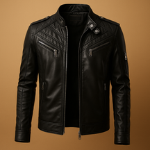 Men’s padded leather jacket with stand-up collar and zip closure, designed for stylish comfort in casual and formal wear