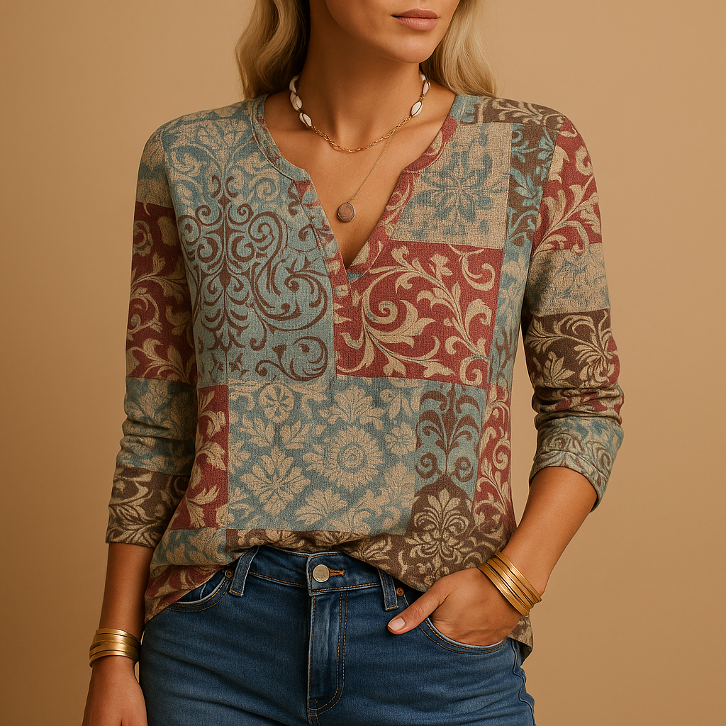 Patterned long sleeve cotton top for women featuring patchwork, stripes, and black-and-white designs, perfect for casual or office wear.