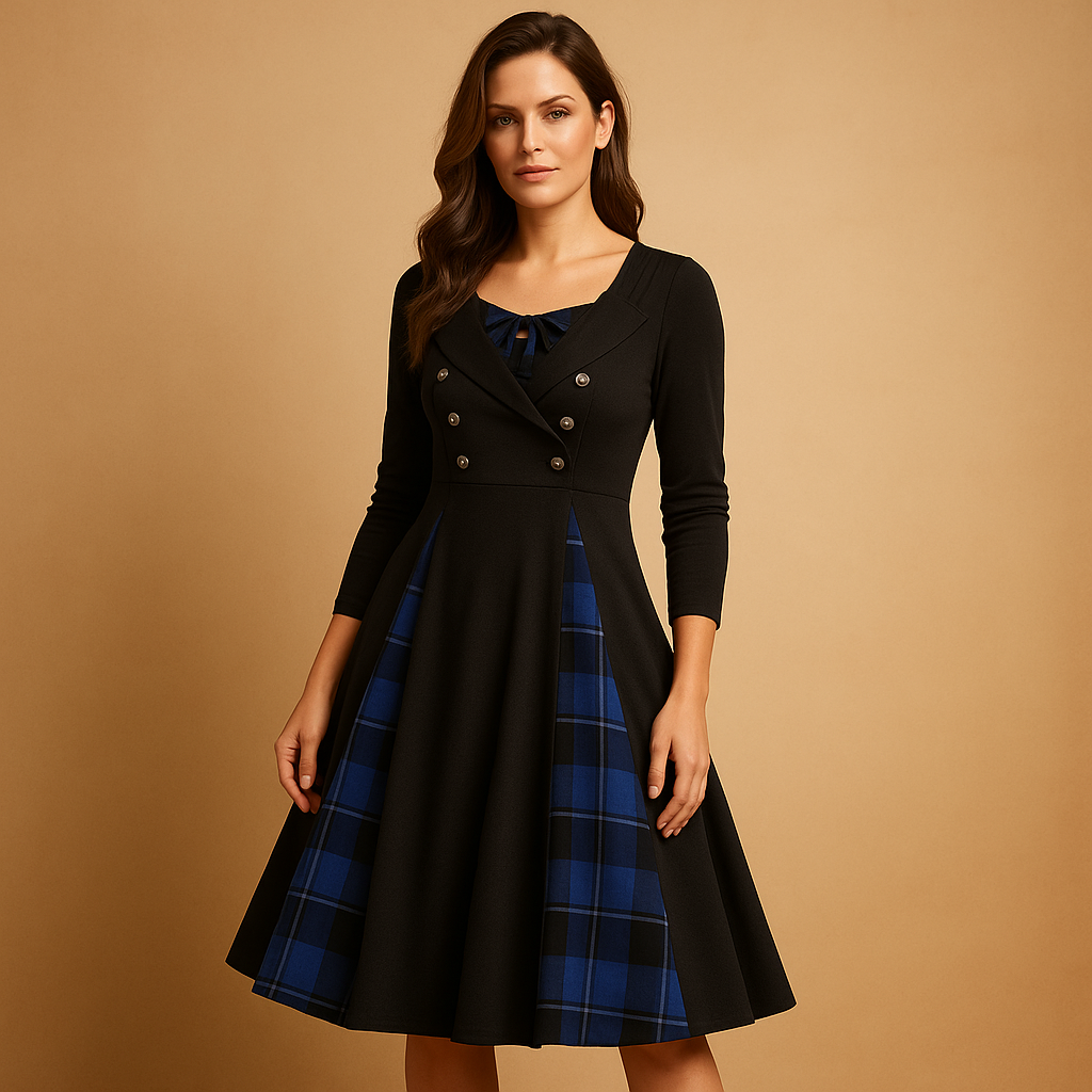 Plaid A-line midi dress for women with long sleeves, double-button closure, and flared skirt, ideal for work or formal occasions.