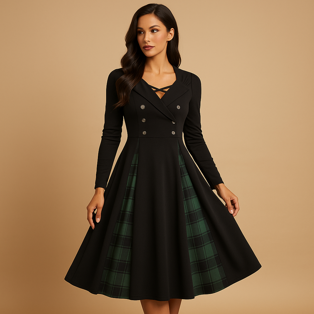 Plaid A-line midi dress for women with long sleeves, double-button closure, and flared skirt, ideal for work or formal occasions.