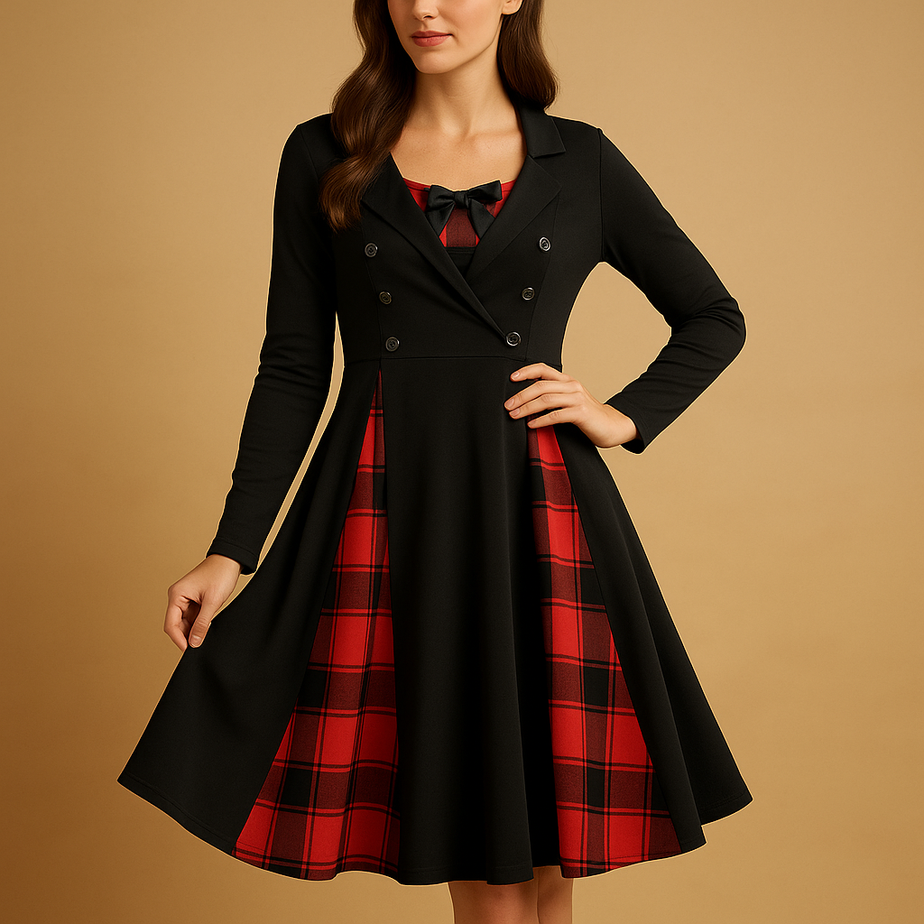 Plaid A-line midi dress for women with long sleeves, double-button closure, and flared skirt, ideal for work or formal occasions.