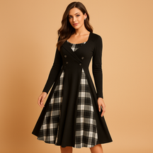 Plaid A-line midi dress for women with long sleeves, double-button closure, and flared skirt, ideal for work or formal occasions.