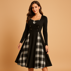 Plaid A-line midi dress for women with long sleeves, double-button closure, and flared skirt, ideal for work or formal occasions.