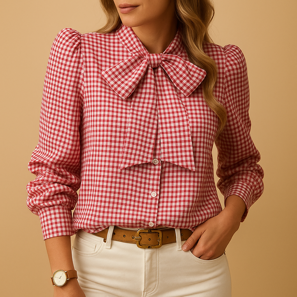 Elegant plaid blouse with bow detail for women, perfect for stylish work outfits or casual wear in every season.