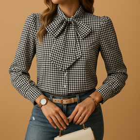 Elegant plaid blouse with bow detail for women, perfect for stylish work outfits or casual wear in every season.