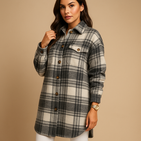 Women’s long plaid wool-look coat in brown, khaki, and green with button closure and tailored fit, ideal for fall and winter elegance