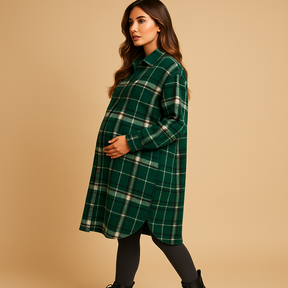 Women’s long plaid wool-look coat in brown, khaki, and green with button closure and tailored fit, ideal for fall and winter elegance