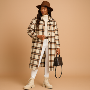 Women’s long plaid wool-look coat in brown, khaki, and green with button closure and tailored fit, ideal for fall and winter elegance