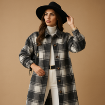Women’s long plaid wool-look coat in brown, khaki, and green with button closure and tailored fit, ideal for fall and winter elegance