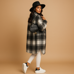 Women’s long plaid wool-look coat in brown, khaki, and green with button closure and tailored fit, ideal for fall and winter elegance