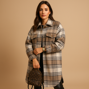 Women’s long plaid wool-look coat in brown, khaki, and green with button closure and tailored fit, ideal for fall and winter elegance