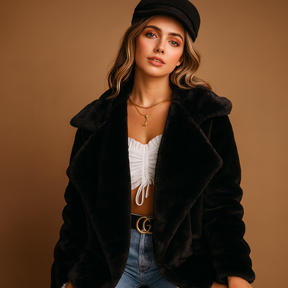 Plush winter coat for women with lapel collar, silky-soft texture, and practical side pockets,ideal for warmth and style in cold weather.