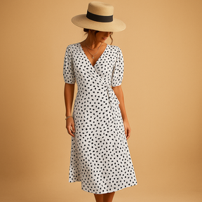 Polka dot summer wrap dress for women with V-neck and slit, ideal for casual days, beach parties, and garden events.