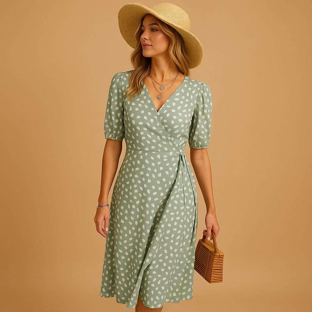 Polka dot summer wrap dress for women with V-neck and slit, ideal for casual days, beach parties, and garden events.
