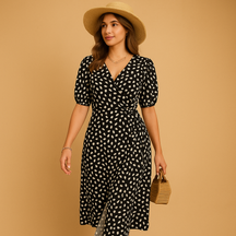 Polka dot summer wrap dress for women with V-neck and slit, ideal for casual days, beach parties, and garden events.