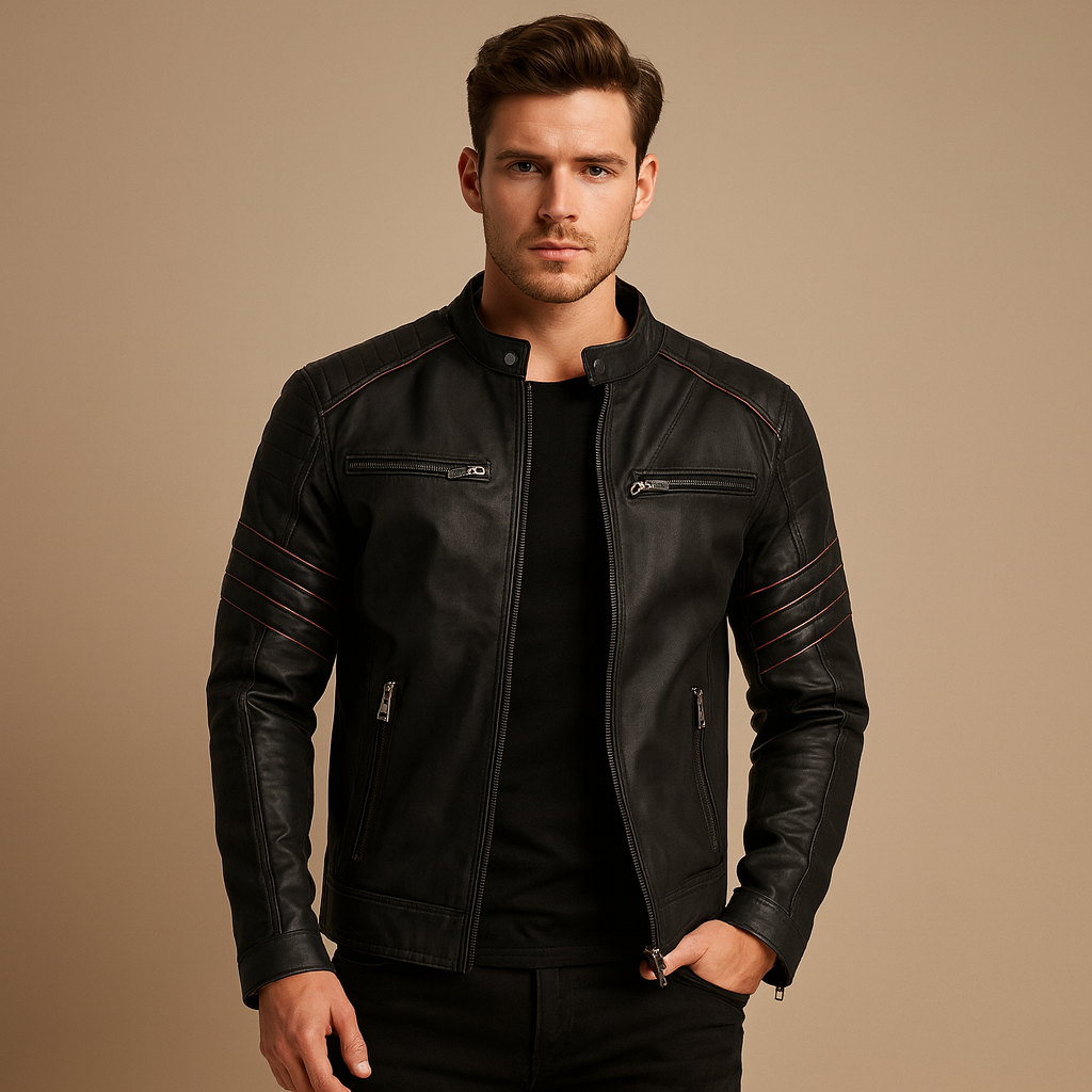 Men’s premium biker jacket with a timeless design, perfect for motorcycle rides, casual evenings, and autumn or winter wear.