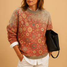 Women’s printed knit sweater with round neck, available in khaki, black, blue, red, and sky blue—perfect for stylish everyday wear.