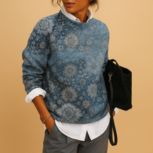 Women’s printed knit sweater with round neck, available in khaki, black, blue, red, and sky blue—perfect for stylish everyday wear.