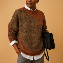 Women’s printed knit sweater with round neck, available in khaki, black, blue, red, and sky blue—perfect for stylish everyday wear.