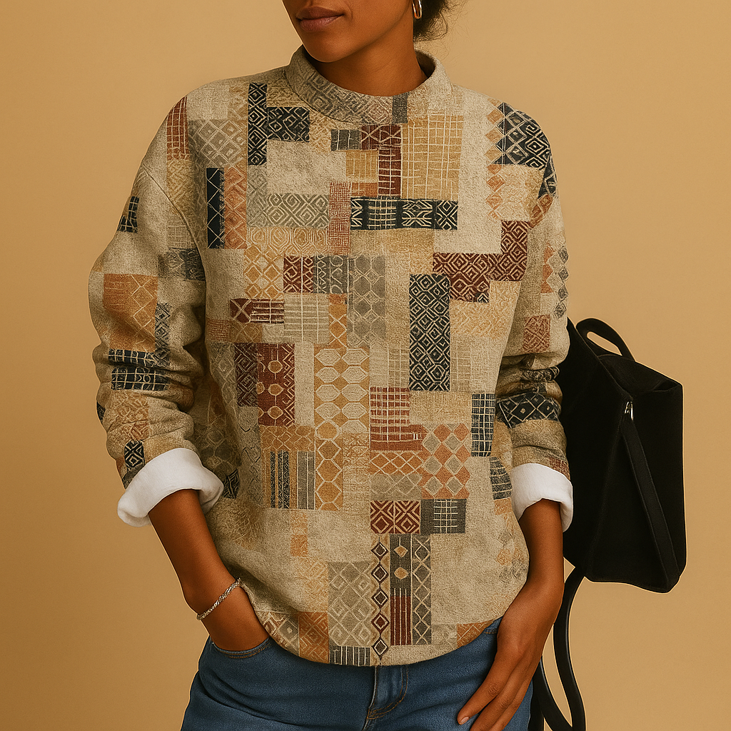 Women’s printed knit sweater with round neck, available in khaki, black, blue, red, and sky blue—perfect for stylish everyday wear.