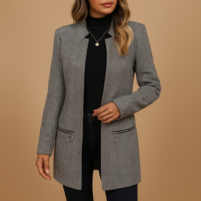 Printed long sleeve casual coat for women with no collar and refined silhouette, perfect for daily wear across seasons.