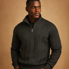 Men’s quarter zip pullover with relaxed fit and subtle woven pattern, available in beige, grey, blue, black, and white for autumn and winter wear.