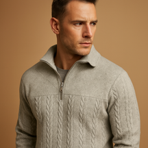 Men’s quarter zip pullover with relaxed fit and subtle woven pattern, available in beige, grey, blue, black, and white for autumn and winter wear.