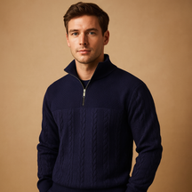 Men’s quarter zip pullover with relaxed fit and subtle woven pattern, available in beige, grey, blue, black, and white for autumn and winter wear.