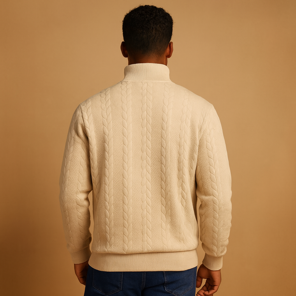 Men’s quarter zip pullover with relaxed fit and subtle woven pattern, available in beige, grey, blue, black, and white for autumn and winter wear.