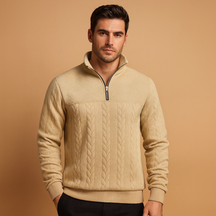 Men’s quarter zip pullover with relaxed fit and subtle woven pattern, available in beige, grey, blue, black, and white for autumn and winter wear.