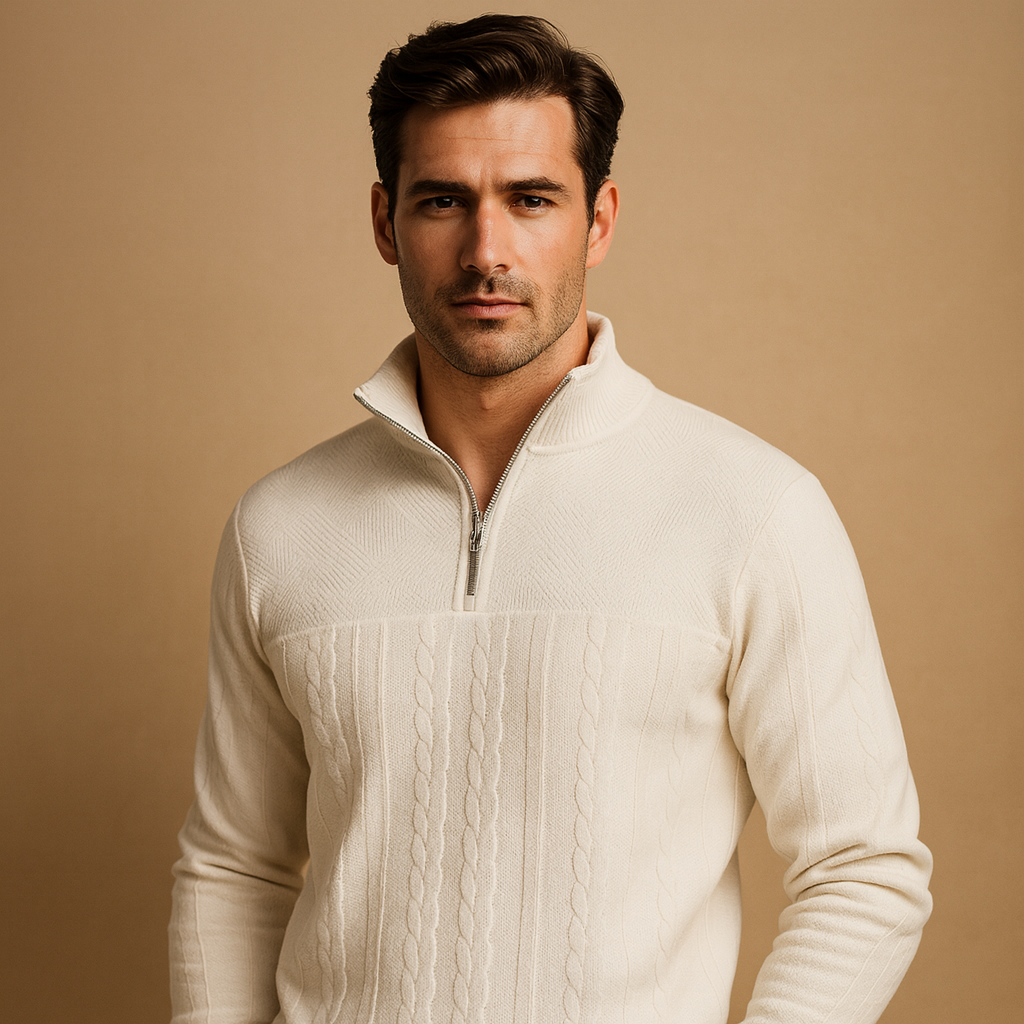 Men’s quarter zip pullover with relaxed fit and subtle woven pattern, available in beige, grey, blue, black, and white for autumn and winter wear.