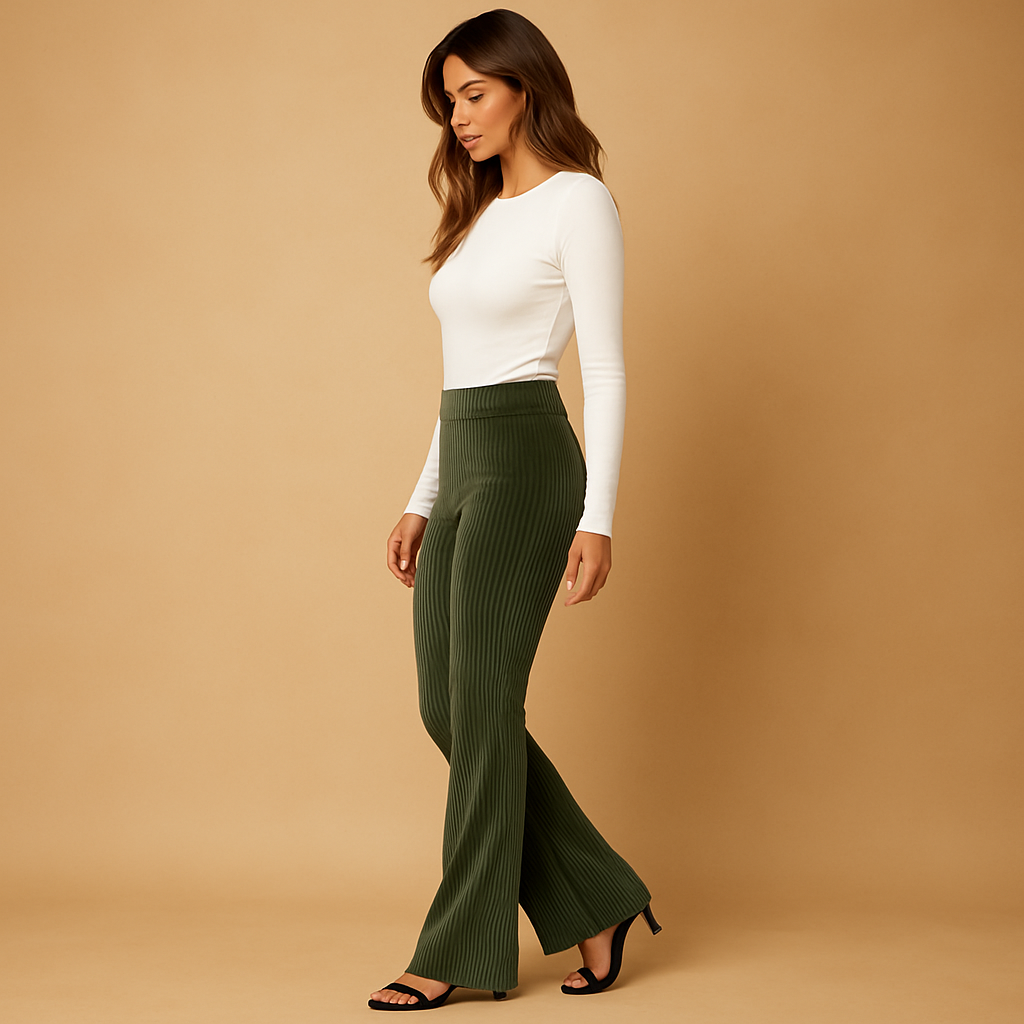 Retro flared corduroy pants for women in green, brown, or black with a high waist and soft ribbed texture, ideal for stylish outfits.