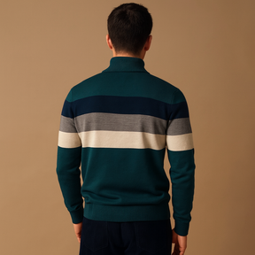 Men’s retro striped pullover with zip collar, soft fabric, and casual fit in green, khaki, navy, and black for autumn and winter wear.
