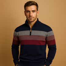 Men’s retro striped pullover with zip collar, soft fabric, and casual fit in green, khaki, navy, and black for autumn and winter wear.