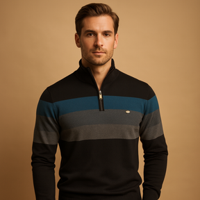 Men’s retro striped pullover with zip collar, soft fabric, and casual fit in green, khaki, navy, and black for autumn and winter wear.