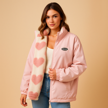 Reversible winter coat for women featuring two stylish looks, ideal for warmth and elegance during cold days. Available in black, blue, and pink.