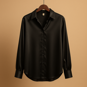 Satin blouse with collar for women featuring a soft sheen, elegant buttons, and smooth drape for work or evening wear.
