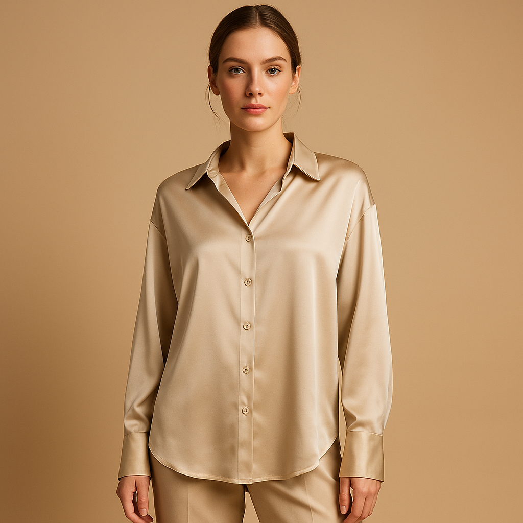 Satin blouse with collar for women featuring a soft sheen, elegant buttons, and smooth drape for work or evening wear.