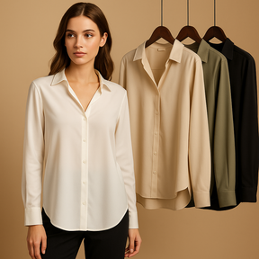 Satin blouse with collar for women featuring a soft sheen, elegant buttons, and smooth drape for work or evening wear.
