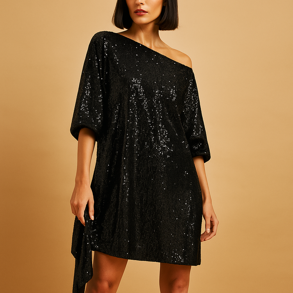 Glamorous sequin evening party dress for women with elegant ruching in black or gold, perfect for galas, special occasions, and festive nights.