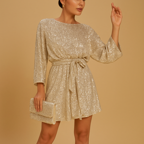 Glamorous sequin evening party dress for women with elegant ruching in black or gold, perfect for galas, special occasions, and festive nights.
