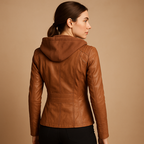 Women’s short leather jacket with zipper and detachable hood, perfect for spring and summer outfits.