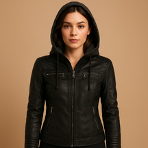 Women’s short leather jacket with zipper and detachable hood, perfect for spring and summer outfits.