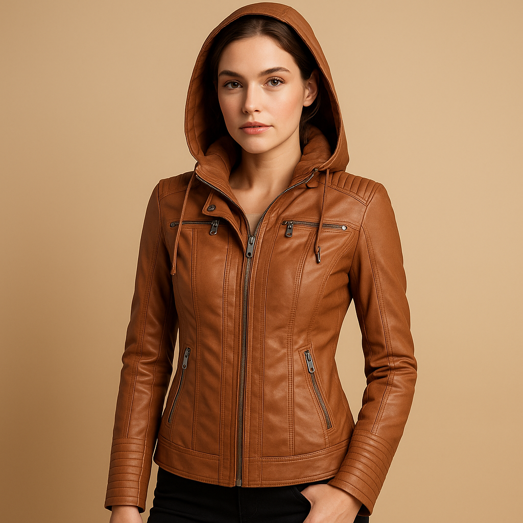 Women’s short leather jacket with zipper and detachable hood, perfect for spring and summer outfits.