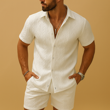 Men’s short sleeve summer set with solid color and contrast collar, ideal for workouts, leisure, and warm-weather comfort