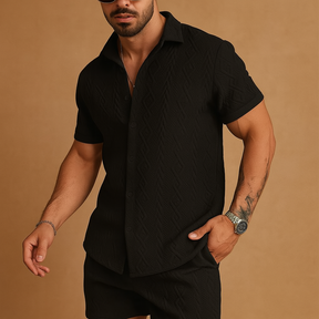Men’s short sleeve summer set with solid color and contrast collar, ideal for workouts, leisure, and warm-weather comfort